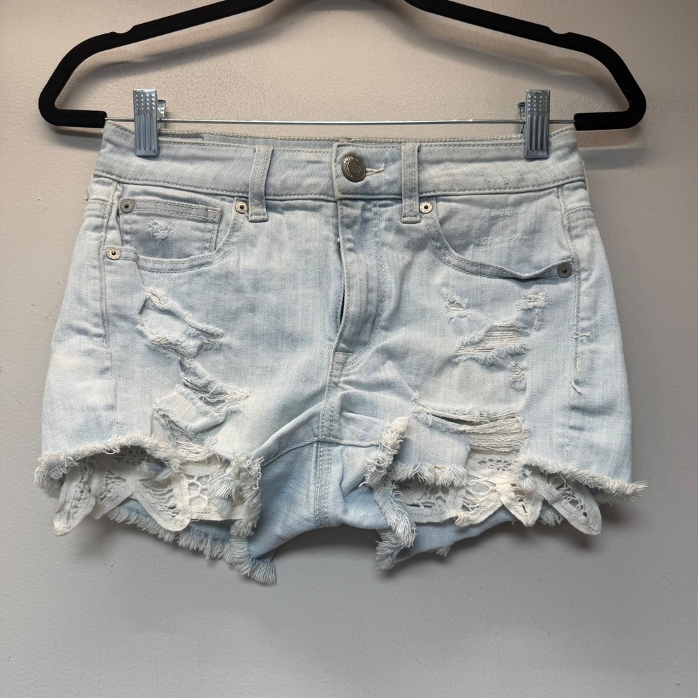 American Eagle Hi-Rise Shortie Shorts Women 2 Light Blue Excellent Lace Distress